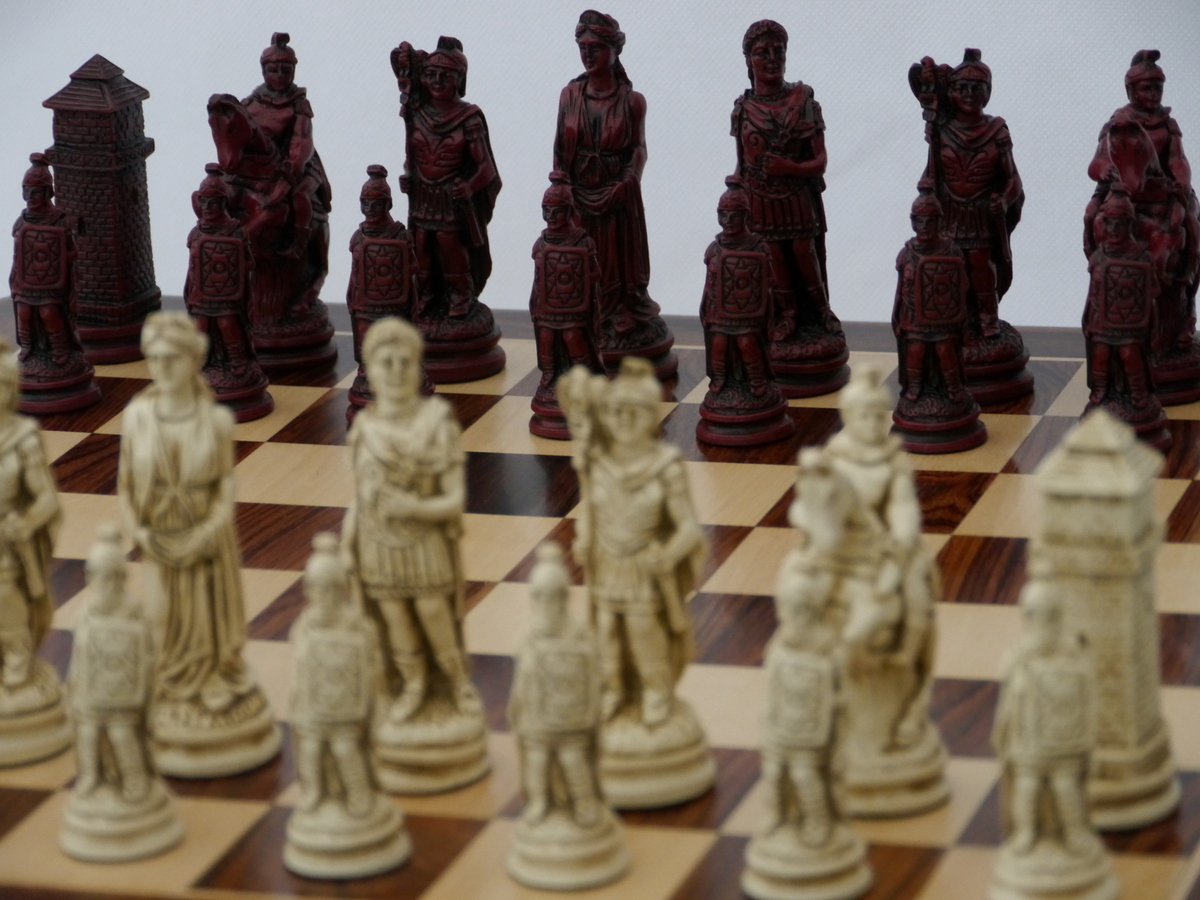 Luxury brown leather and marble chess set board with roman