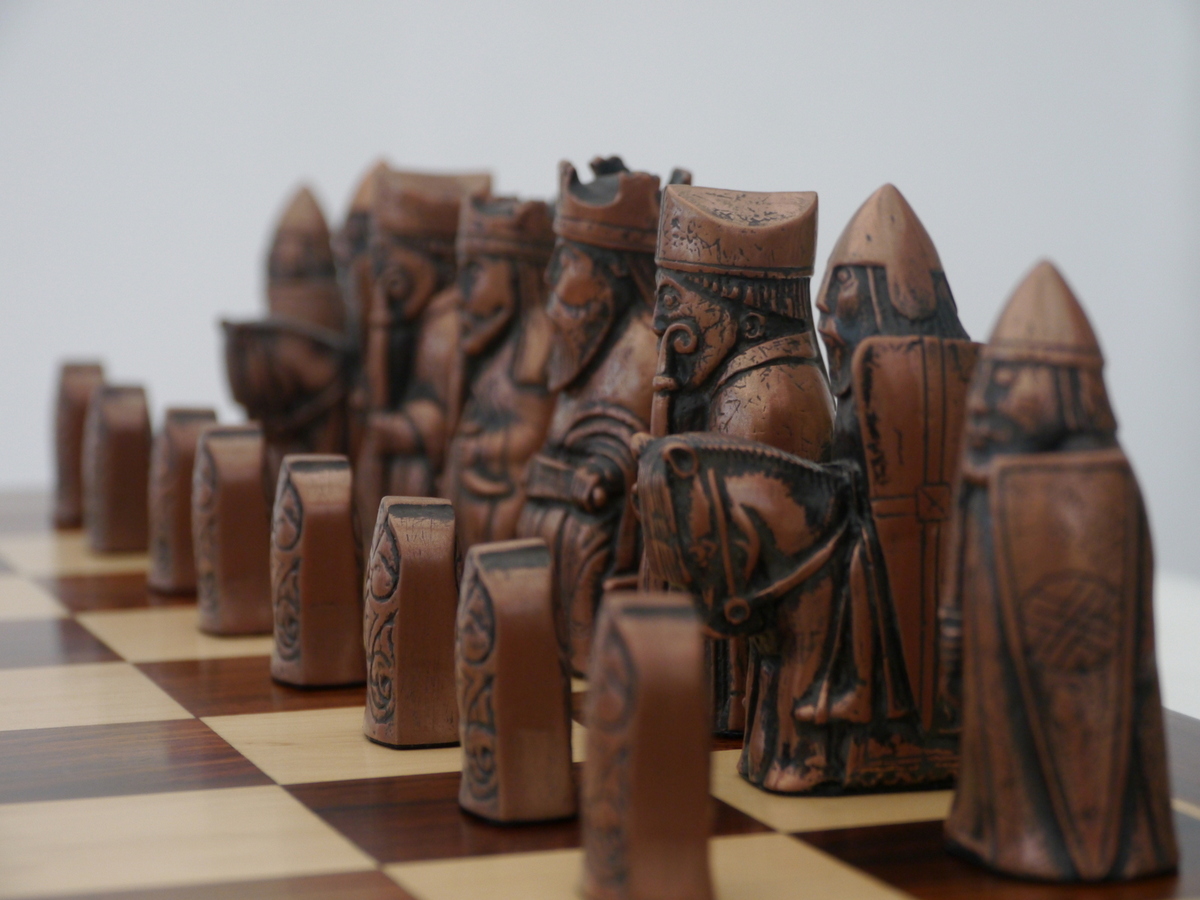 Chess Set - Metal Isle of Lewis Metal Chess Pieces on Inlaid Beechwood –  WorldWise Imports