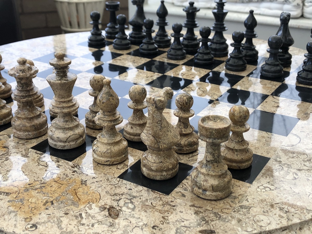 Large Marble Chess Set- Black and White Coral with Fancy Chess Pieces- White Border- 16