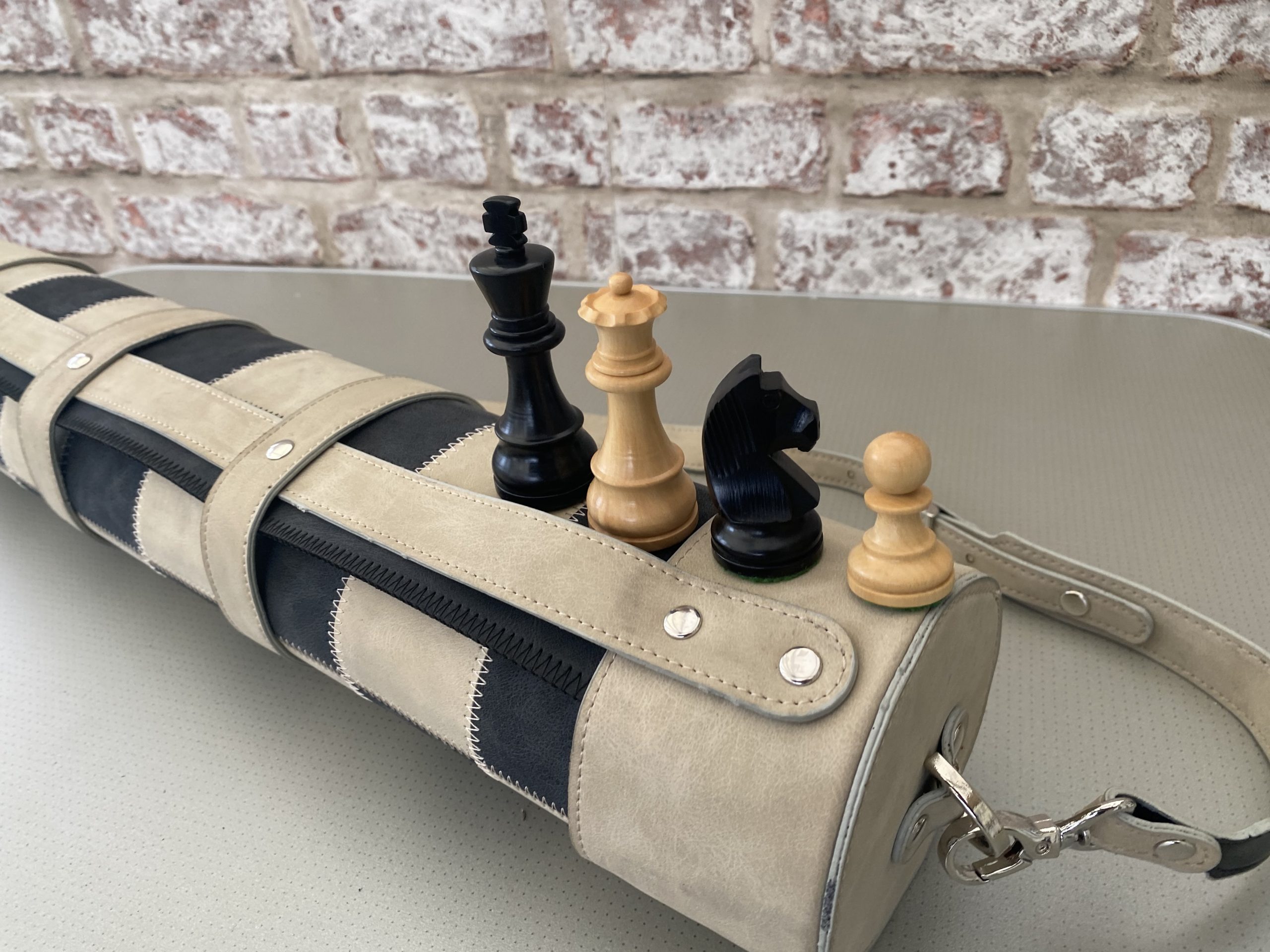 Rollup Thick Leather Chess Case, Mat and Weighted Chess Pieces