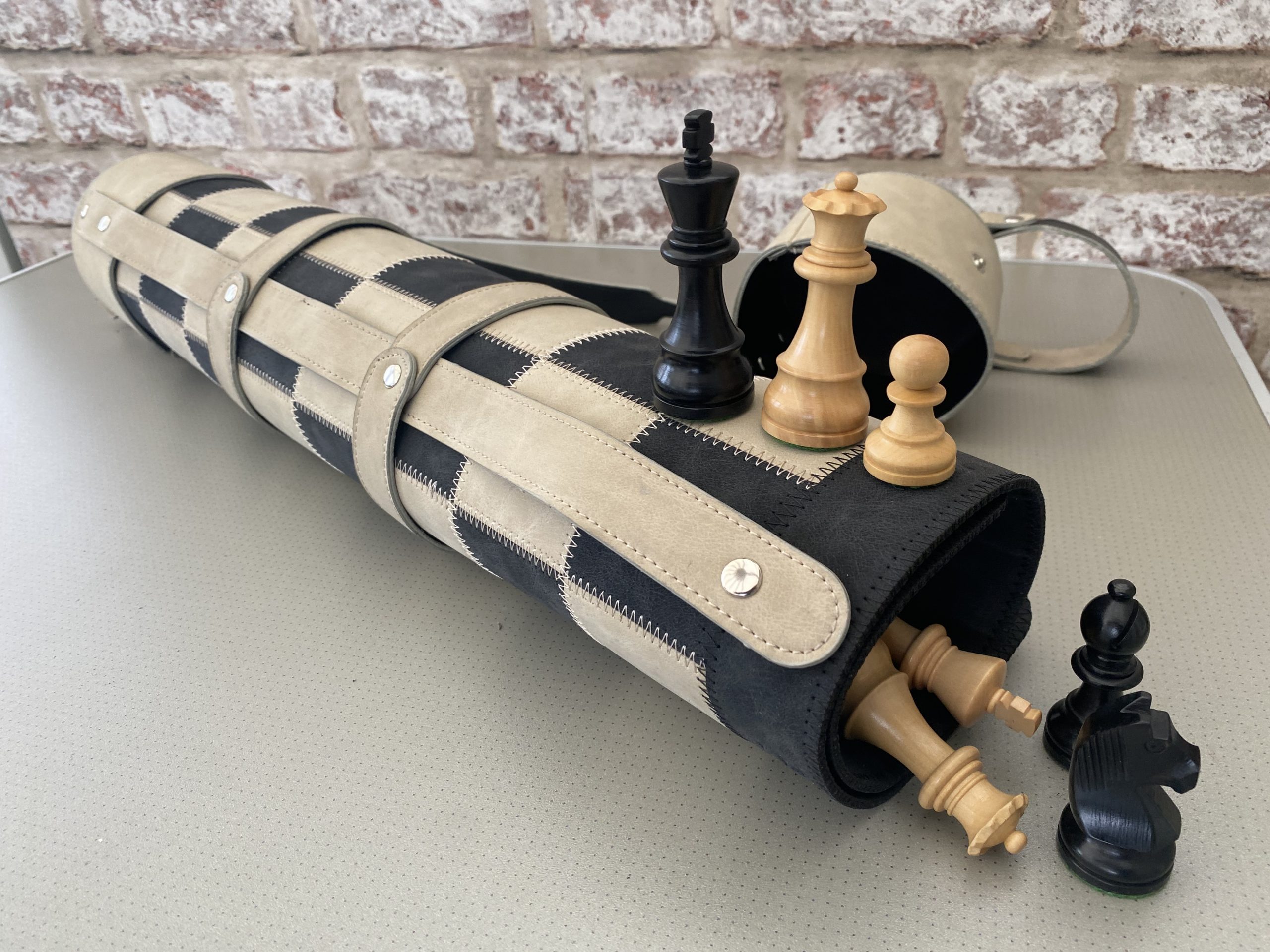 Rollup Thick Leather Chess Case, Mat and Weighted Chess Pieces