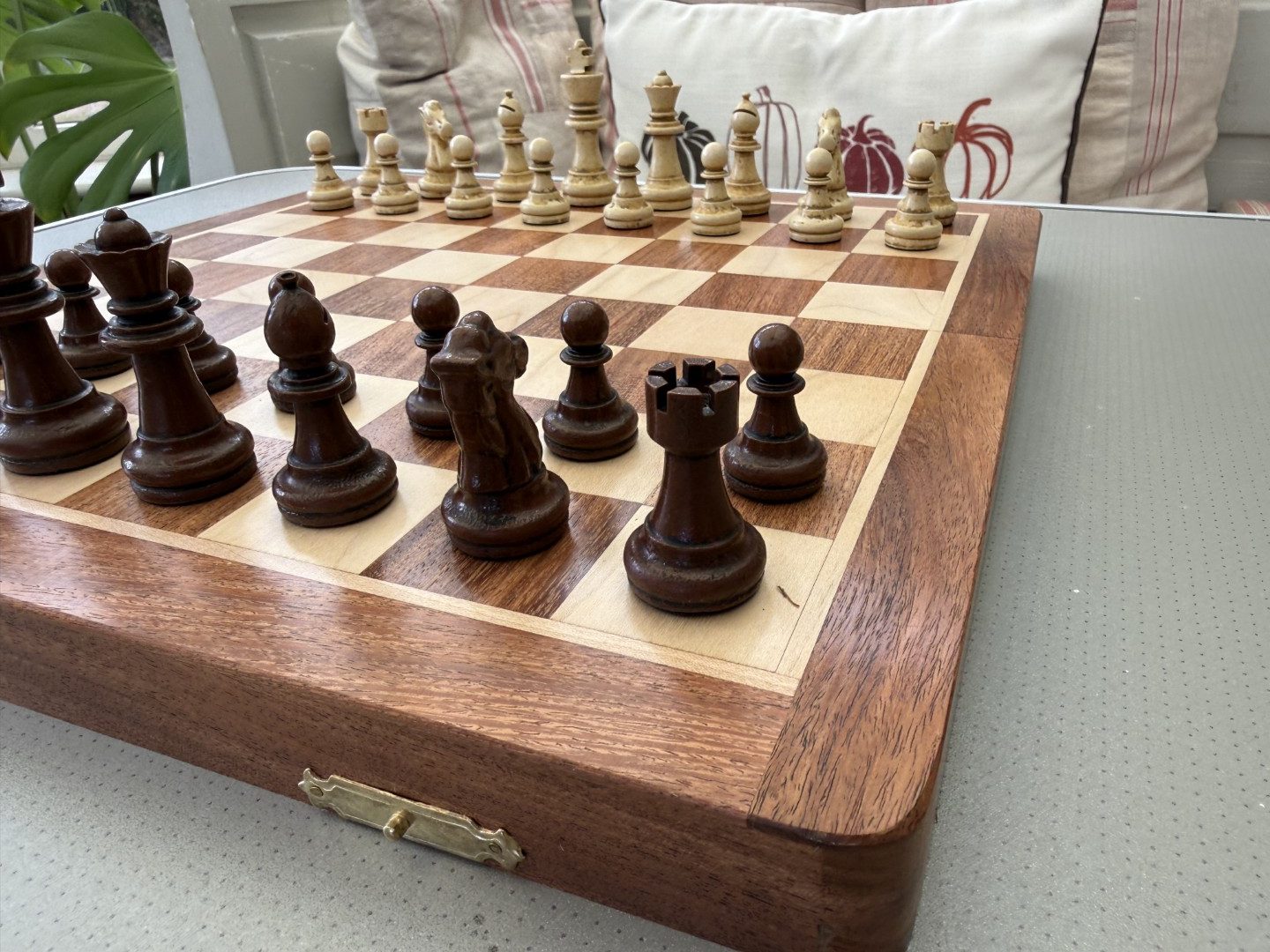Complete Staunton Chess Set with 12" Board Case and Stone Chess Pieces